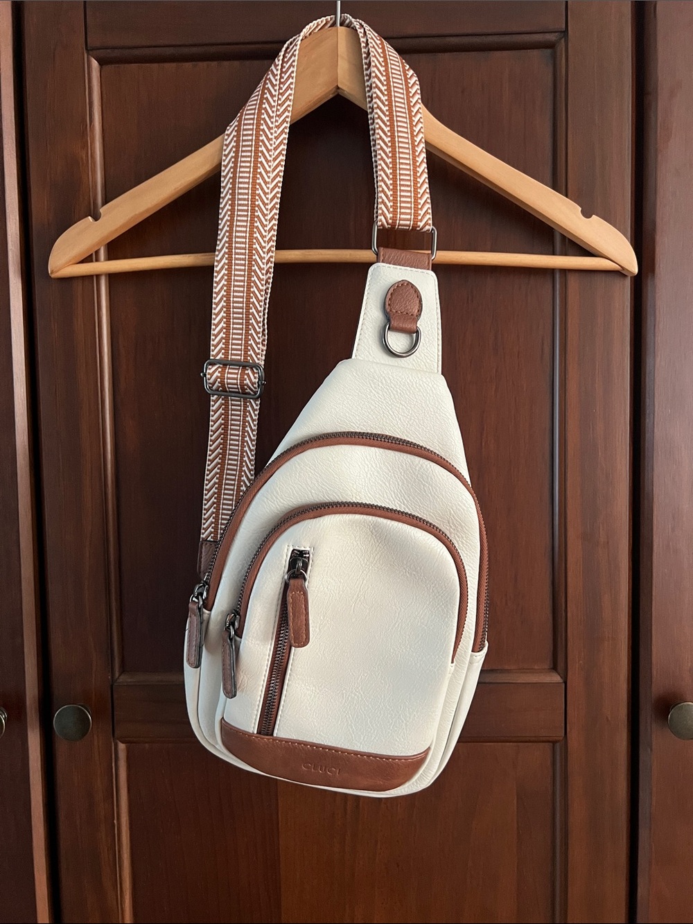 CLUCI Small Vegan Leather Sling Bag Off-White Cream Brown Guitar Strap